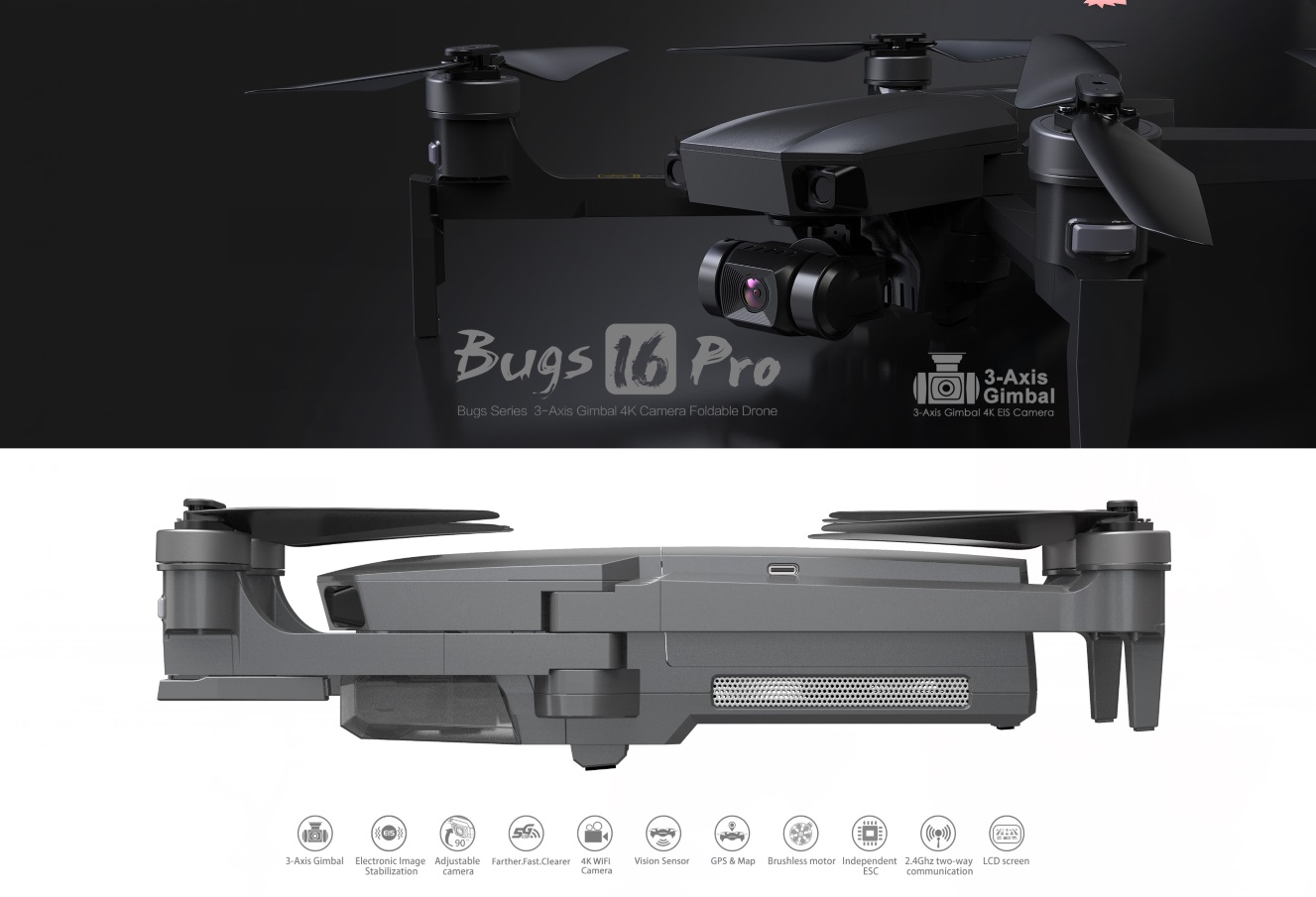 Bugs B16 Pro Folding Brushless GPS Drone with 3 Axis Gimbal 4K Camera